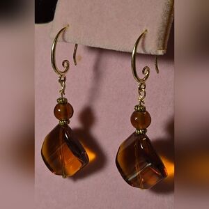 Handmade Elegant Amber Drop Earrings with Curly Hooks NWT
